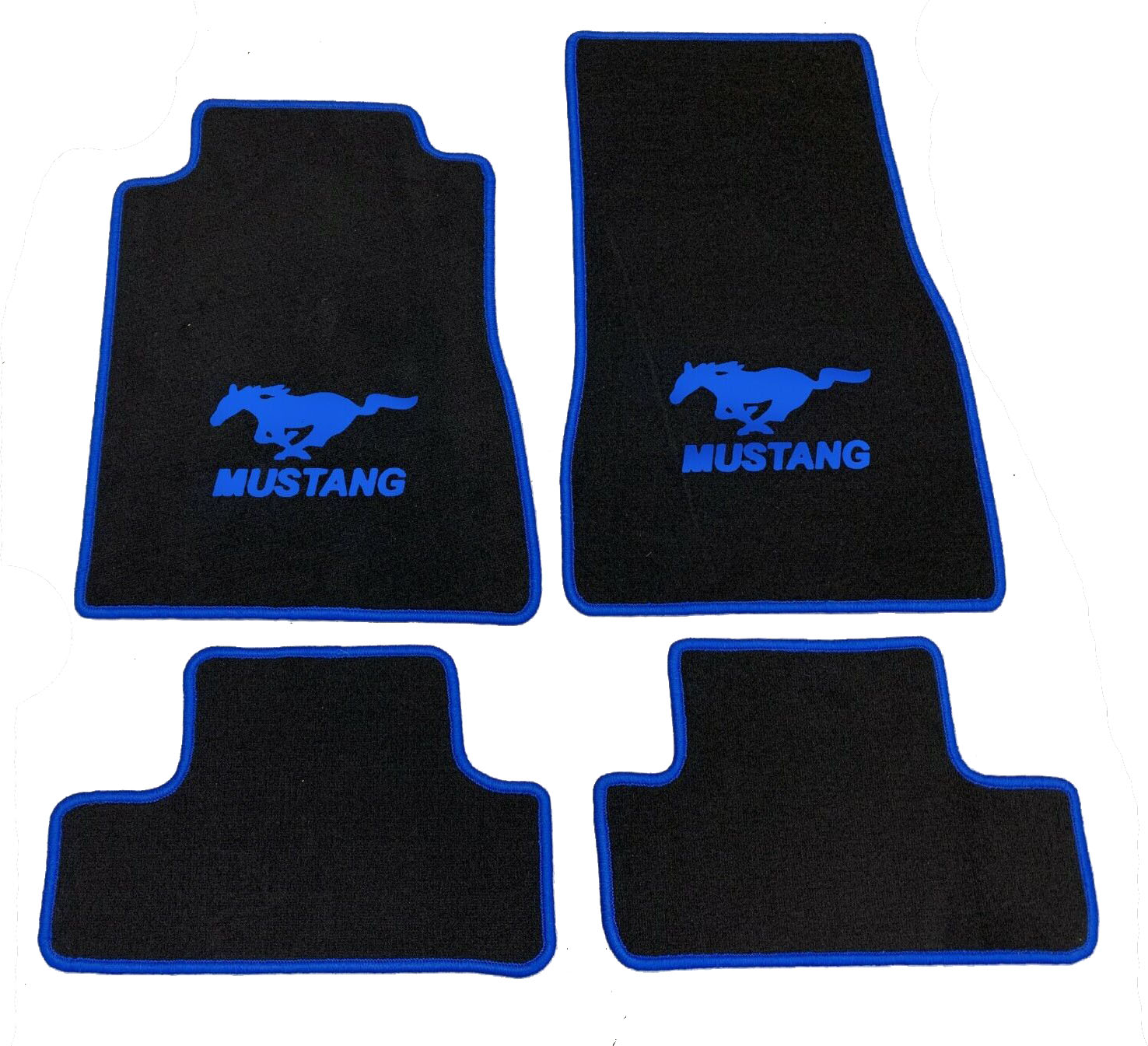 Velours Fußmatten für Ford Mustang Coupe 2013-2014 mit Druck Mustang+Pony+Rand in blau